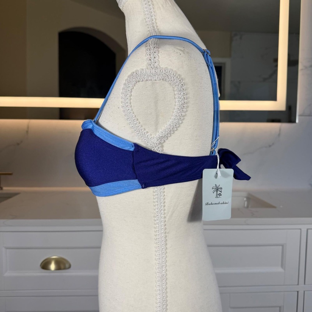 Bahomebakini Bikini Top Womens Small Blue Colorblock Bandeau Tie Back Swim NWT - Picture 11 of 14